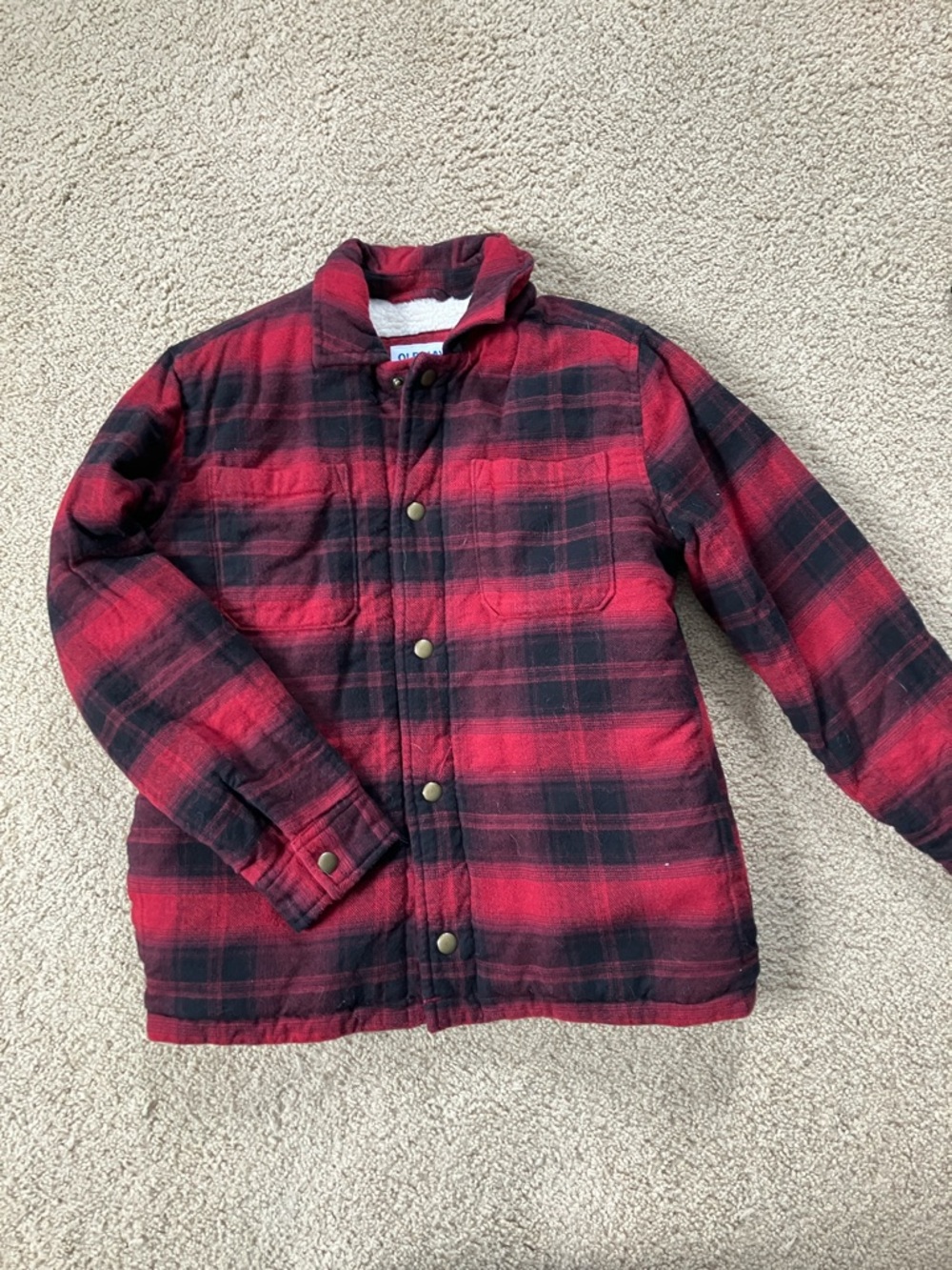 Old Navy Red and Black Plaid Snap-Front Kids Jacket size 10/12